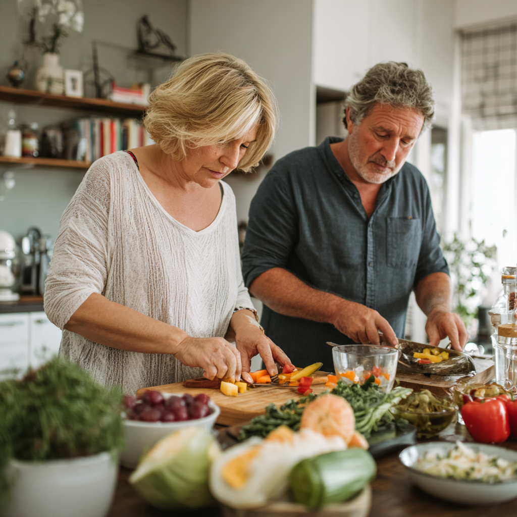 Middle-aged adults preparing healthy meals together in bright kitchen